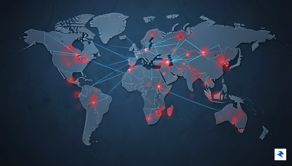 A conceptual illustration showing a global map overlaid with interconnected&hellip;