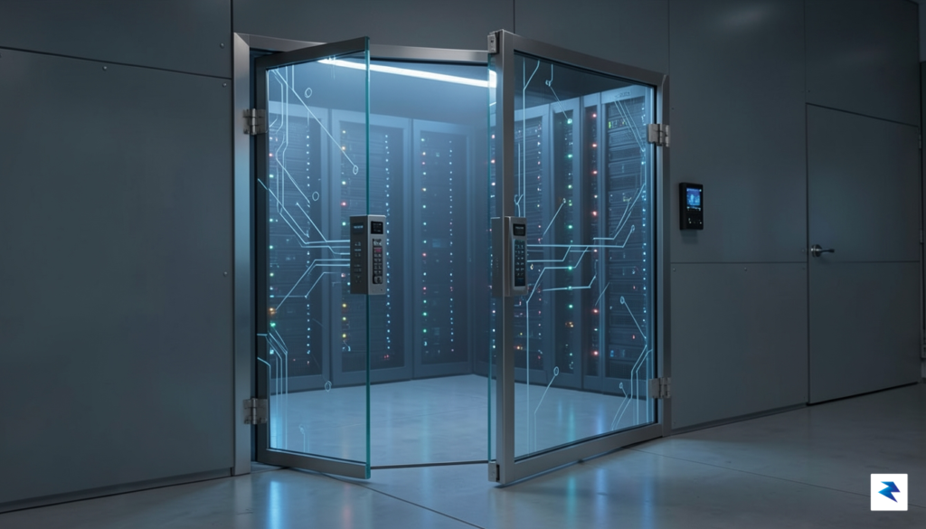 A conceptual digital illustration showing a secure glass vault door&hellip;