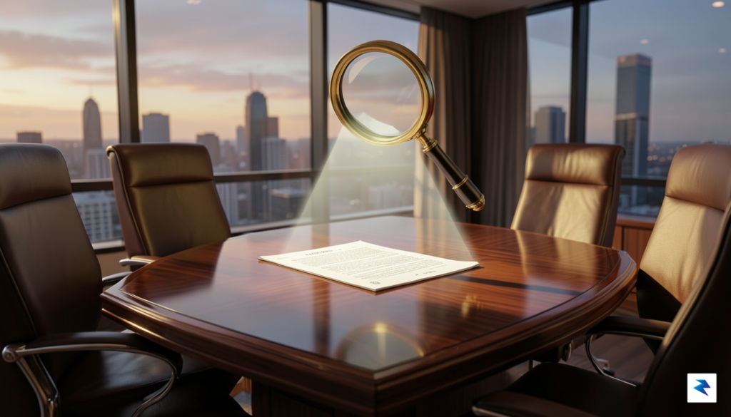 A conceptual digital illustration depicting a boardroom table with a&hellip;
