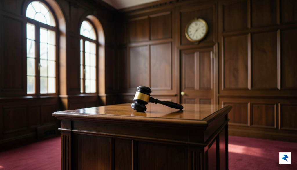 A somber, professional courtroom setting with a gavel resting on&hellip;