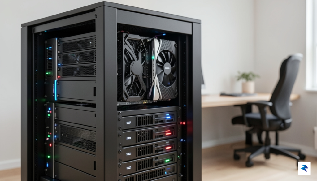 A close-up, high-tech shot of a modern home server rack…