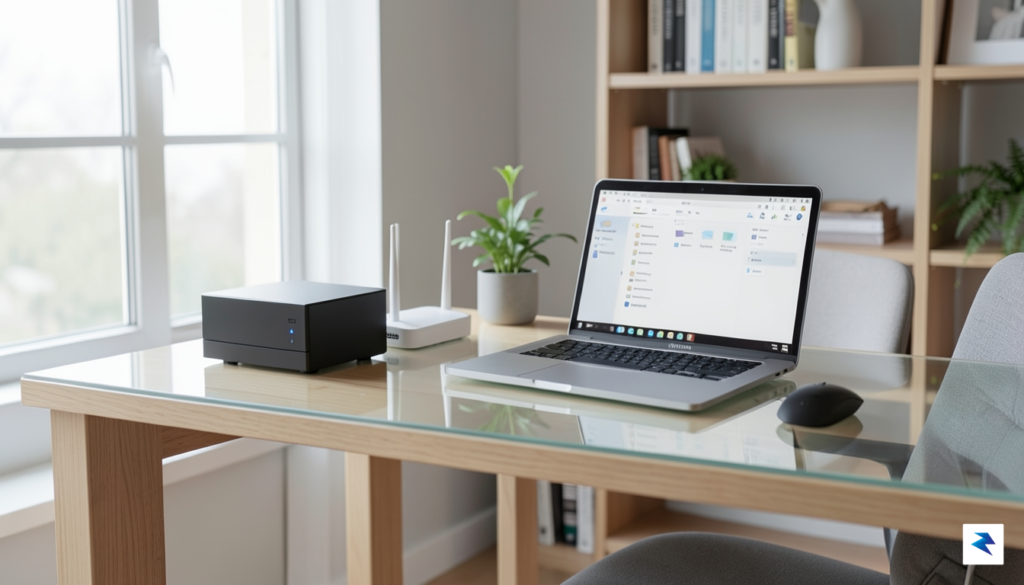 A clean, organized home office desk featuring a small, sleek…