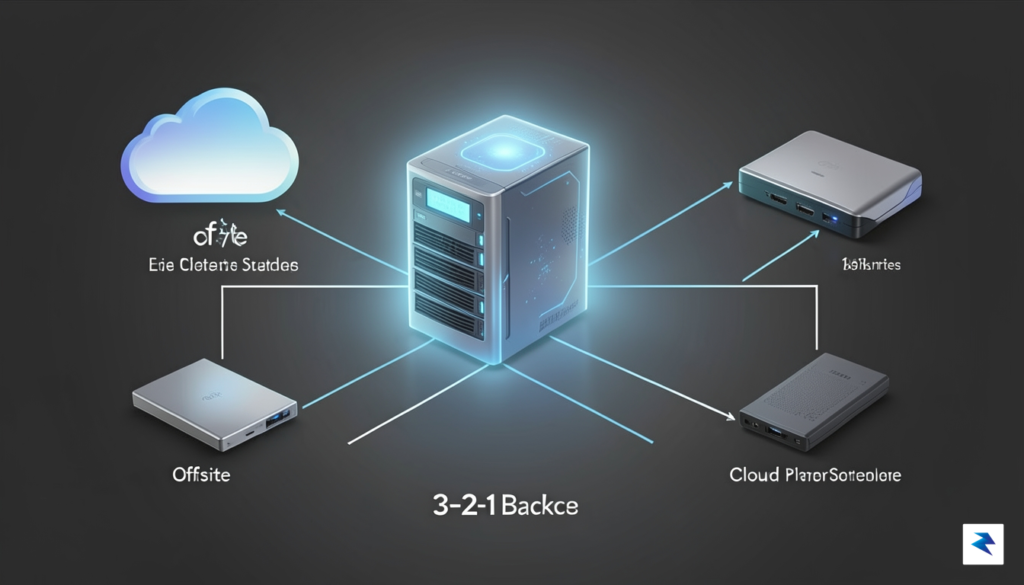 A conceptual illustration showing a secure, glowing home server connected…