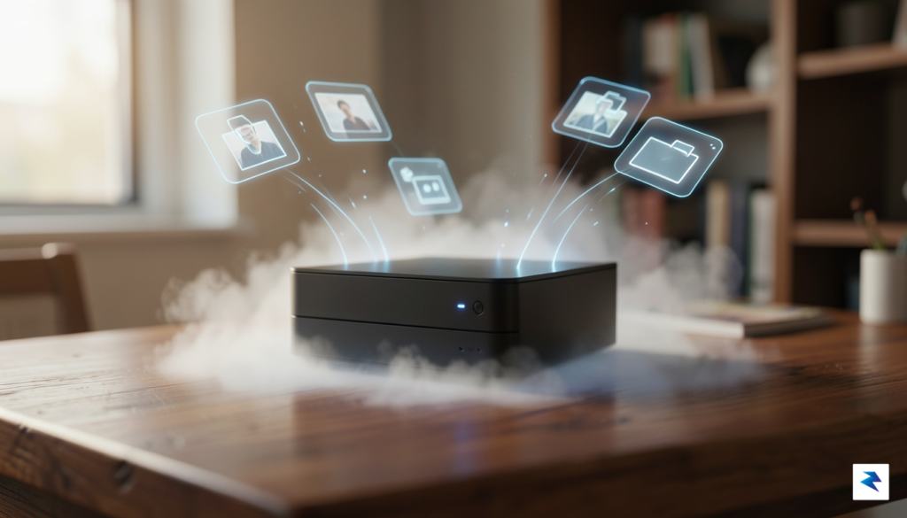 A conceptual, high-quality photograph of a small, sleek home server…