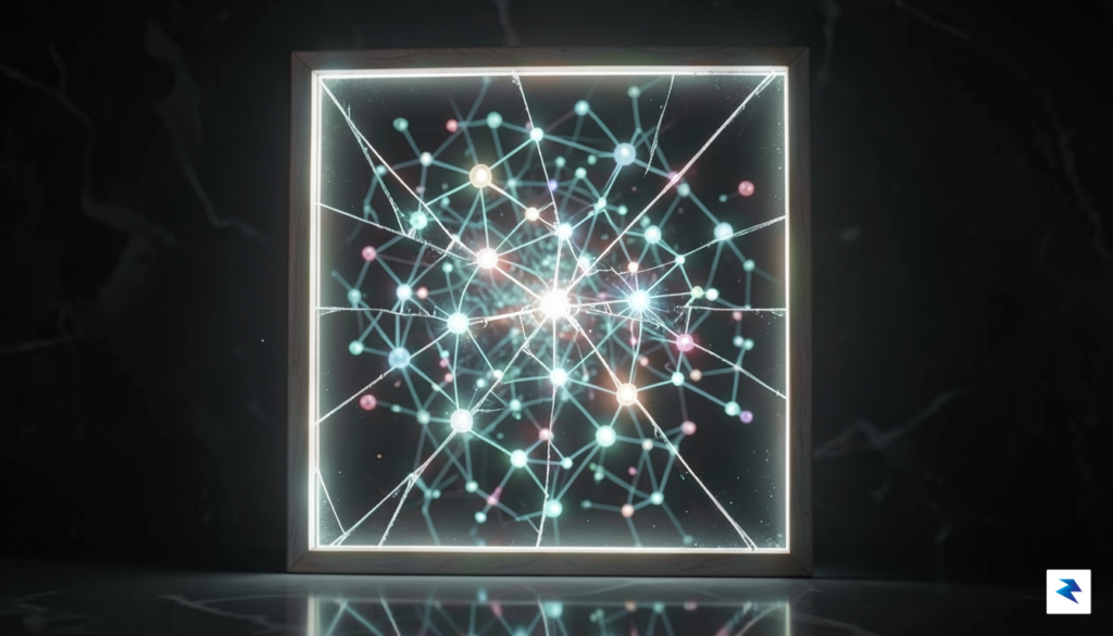 A conceptual digital art piece showing a fractured, glowing mirror&hellip;