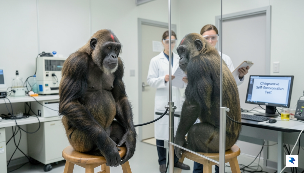 A chimpanzee looking intently into a mirror, with a small,&hellip;