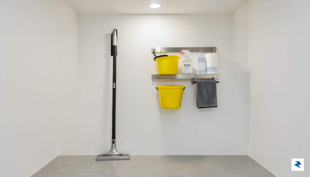 A minimalist utility closet showing a sleek, modern electric mop&hellip;