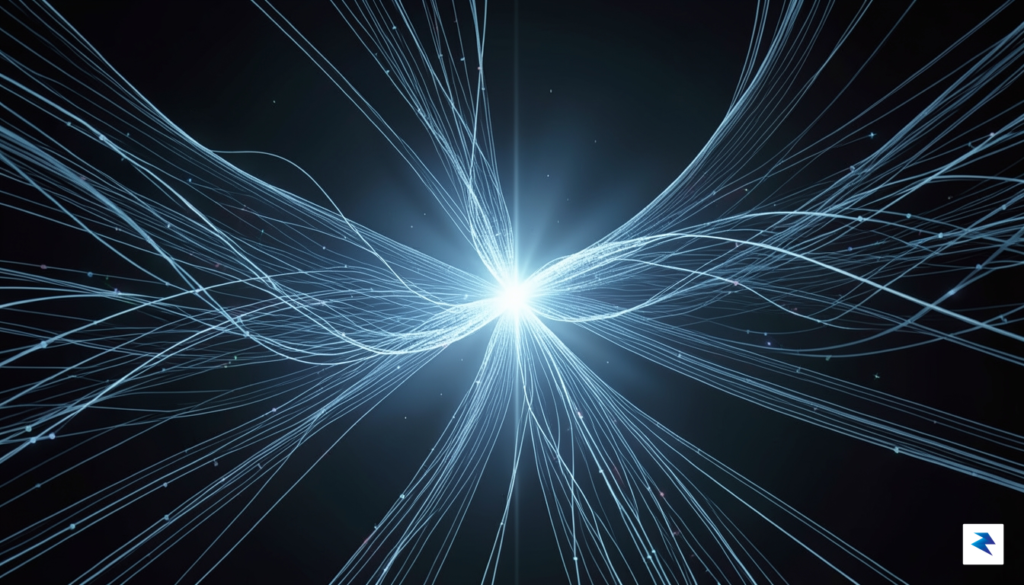 A digital visualization showing a complex network of data streams…