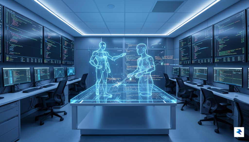A modern, futuristic data center operations room where holographic code…