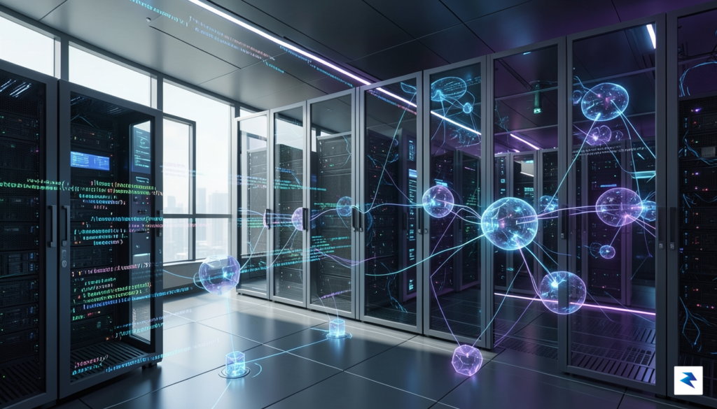 A modern, sleek data center visualization blending digital code streams…