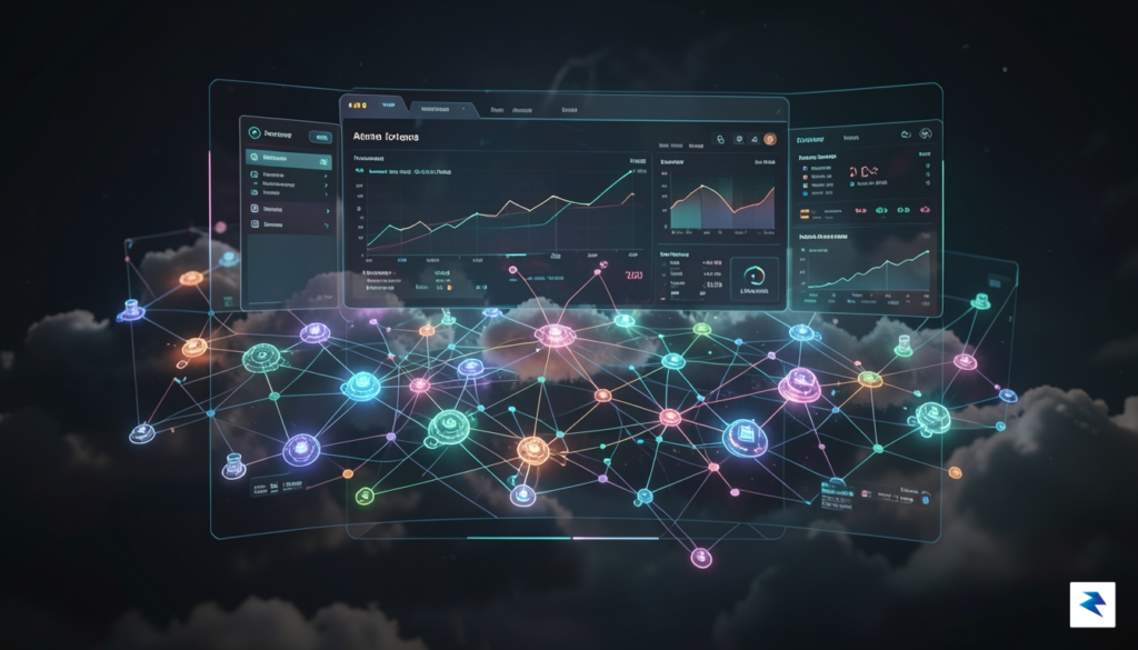 A conceptual digital art piece showing a dashboard overlaying a…