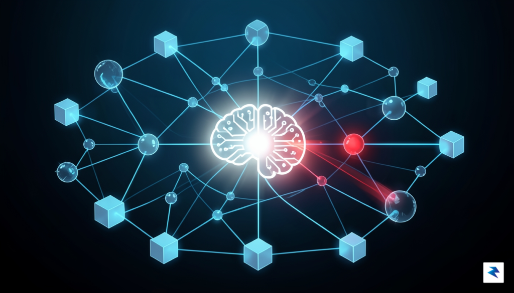 An abstract illustration showing a complex network of interconnected software…