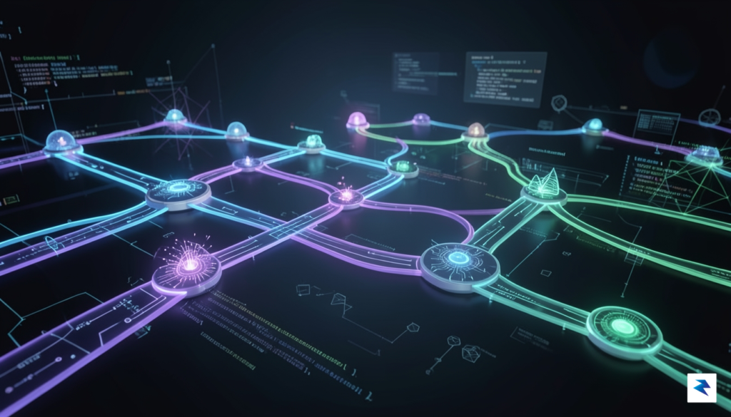 A conceptual digital visualization of a software pipeline glowing with…