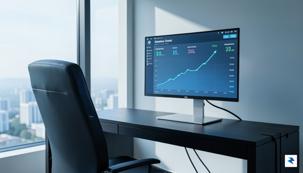 A modern, minimalist office workspace with a digital dashboard showing&hellip;