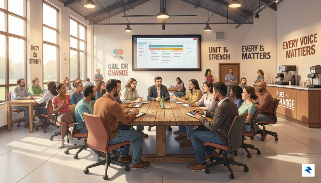 A conceptual illustration showing a modern, busy union hall with&hellip;