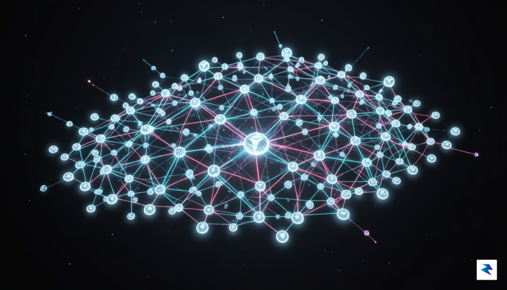 A digital illustration showing a complex, glowing network of Ethereum&hellip;