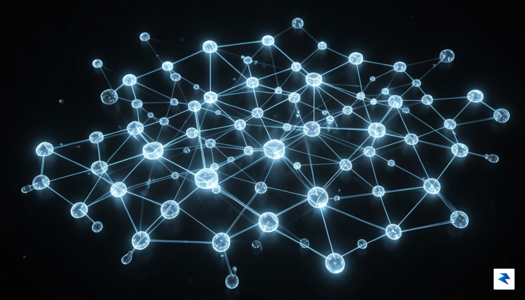 A conceptual digital art piece depicting a sprawling, interconnected network&hellip;