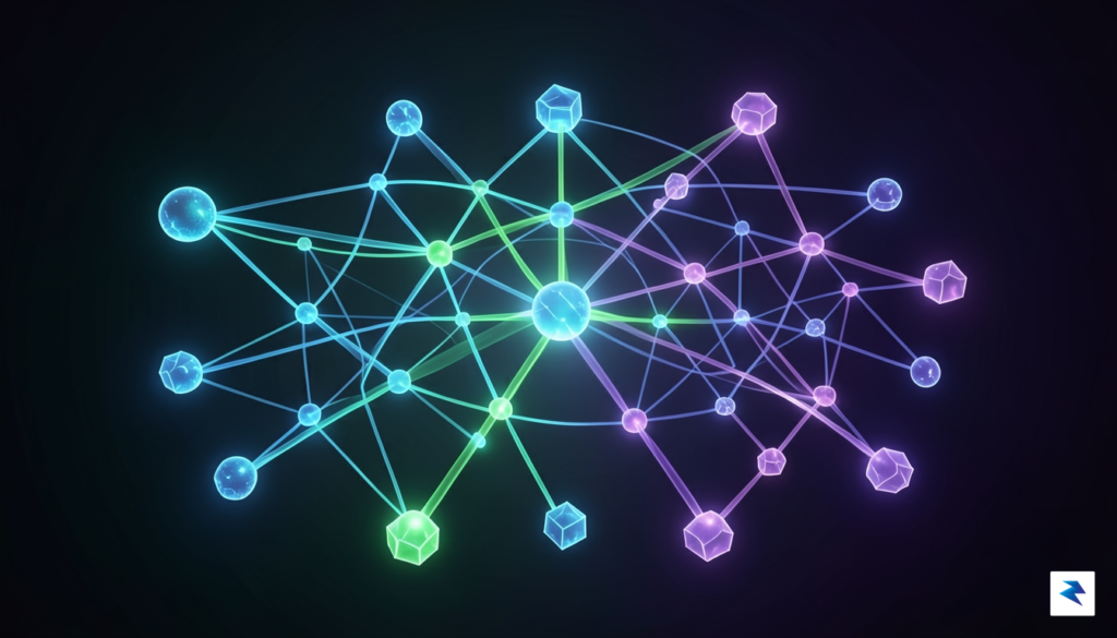 A digital art illustration showing a decentralized network of interconnected&hellip;