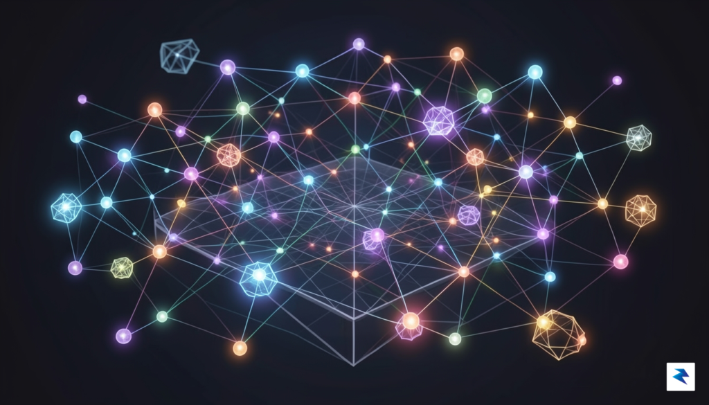 A conceptual digital illustration showing a complex, interconnected network of&hellip;