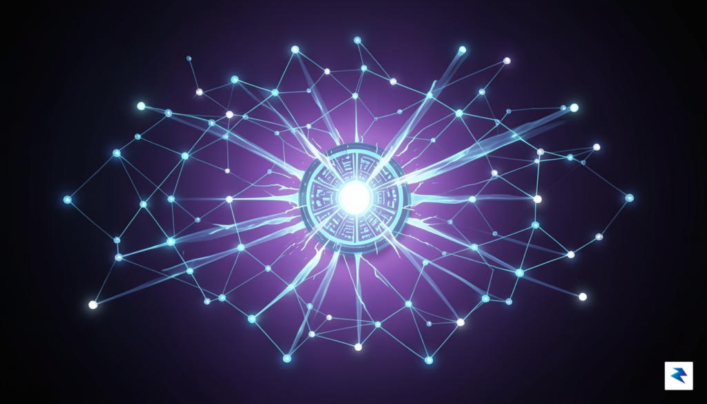 A conceptual digital illustration showing a complex, glowing network of&hellip;