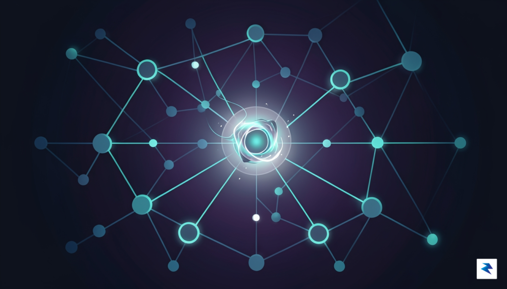 A modern, minimalist digital illustration showing a complex network of…