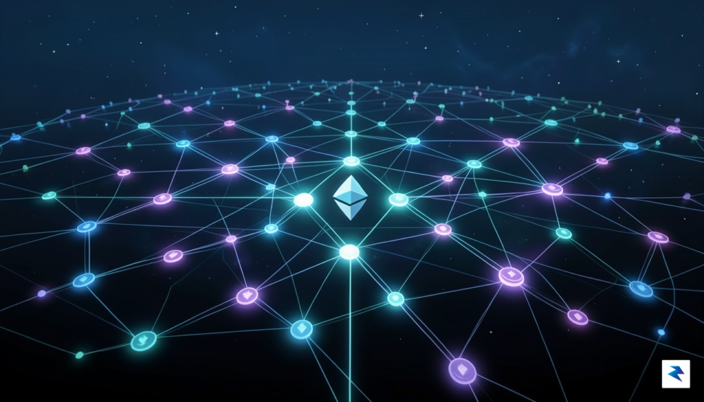 A wide-angle digital illustration showing a sprawling, interconnected network of…