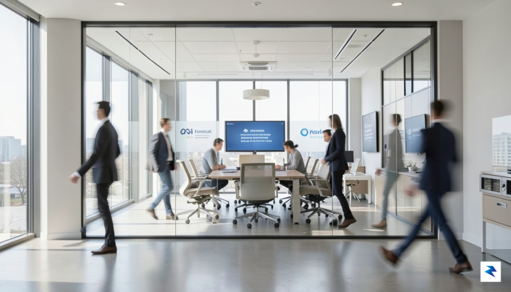 A modern, minimalist office space showing blurred figures moving through…