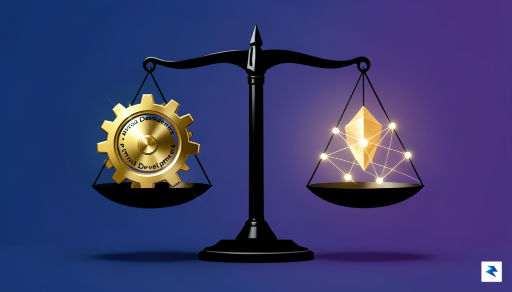 A minimalist, high-contrast digital illustration representing a balance scale, where…