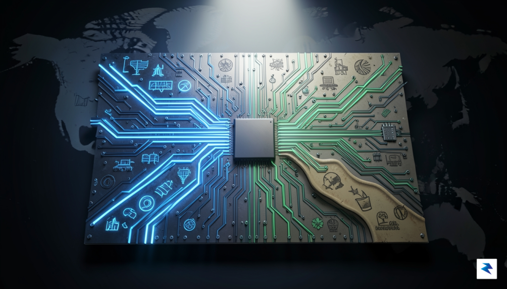 A conceptual digital illustration showing a complex microchip circuit board&hellip;