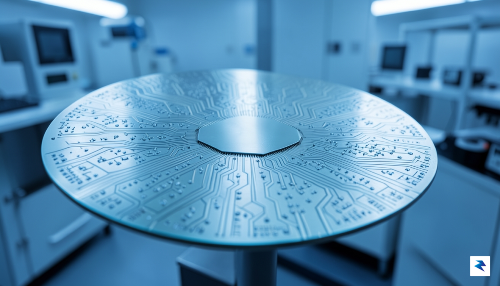 A close-up, high-tech photograph of a complex silicon wafer being&hellip;