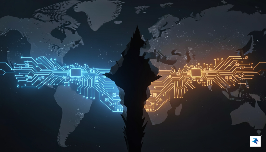 A conceptual digital illustration showing a global semiconductor supply chain&hellip;