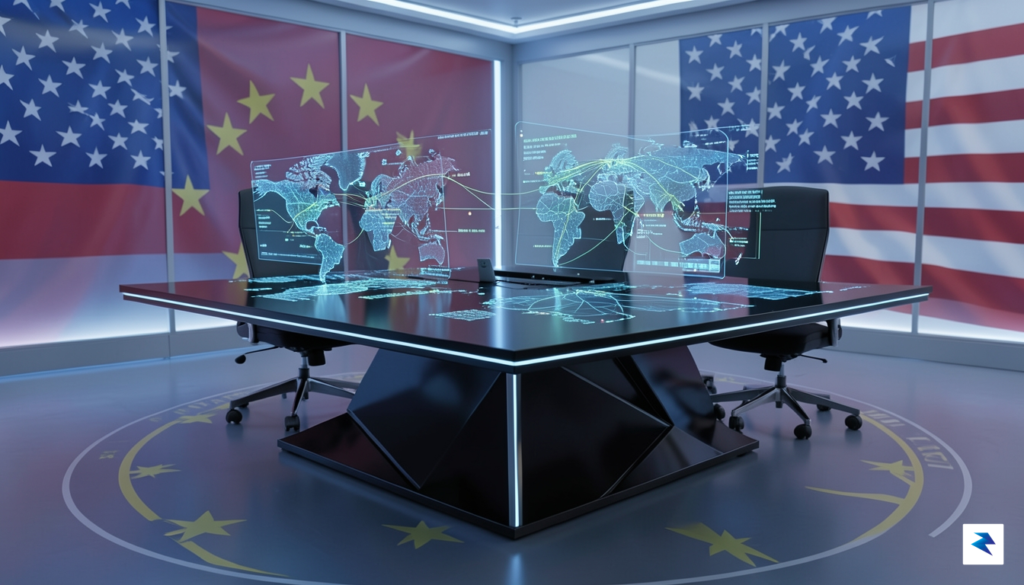 A high-tech, futuristic boardroom table featuring holograms of global supply&hellip;