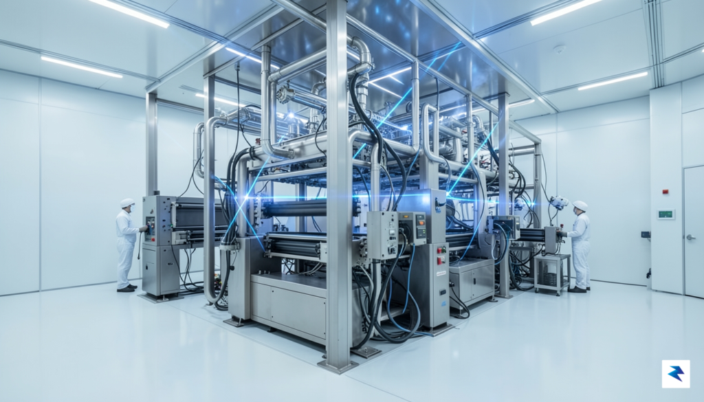 A high-tech, cleanroom-style industrial facility featuring massive, complex lithography machinery&hellip;