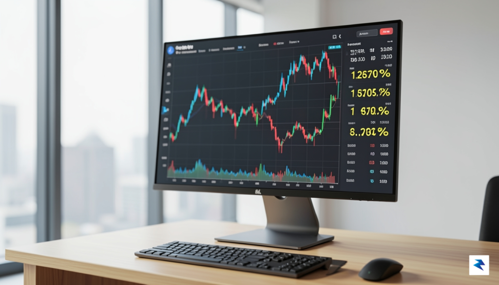 A close-up, professional photograph of a digital financial dashboard showing…
