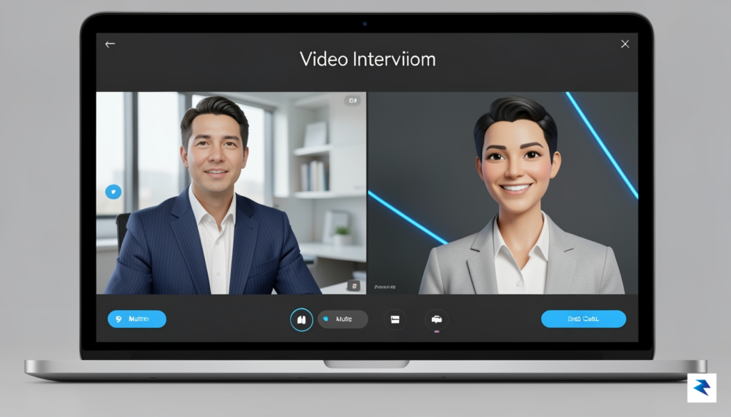 A sleek, modern user interface showing a split-screen video interview…