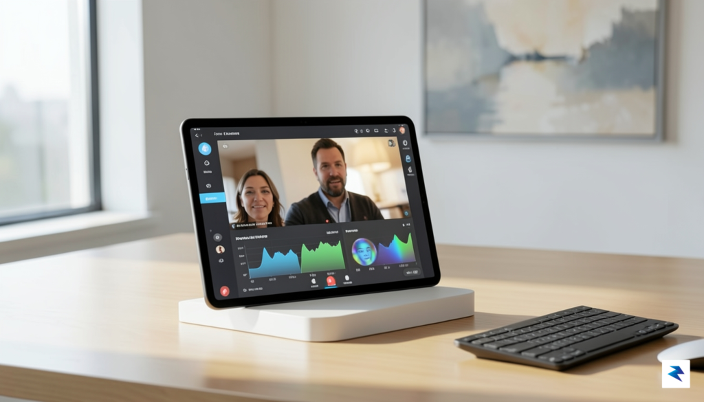 A modern, minimalist office workspace featuring a digital interface on…