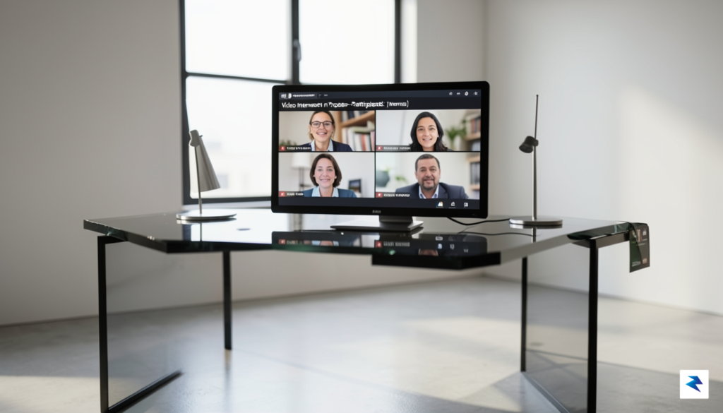 A modern, minimalist office workspace featuring a digital interface displaying…