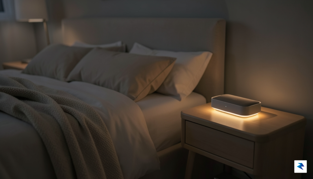 A serene, dimly lit bedroom at night showing a bedside&hellip;