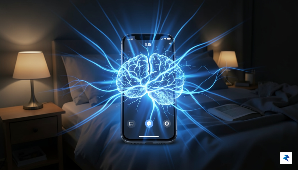 A conceptual digital illustration showing a glowing smartphone screen emitting&hellip;