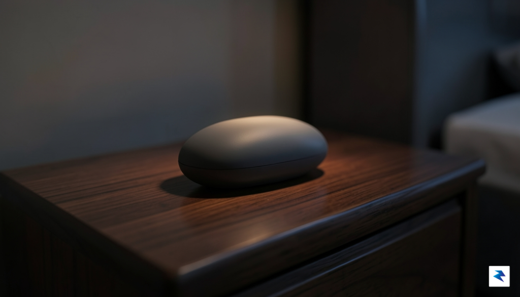 A sleek, minimalist physical device shaped like a smooth stone&hellip;