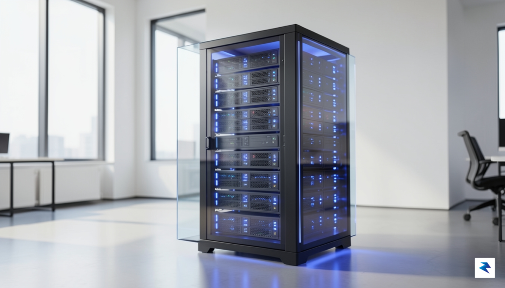 A conceptual representation of a secure, glowing server rack in&hellip;