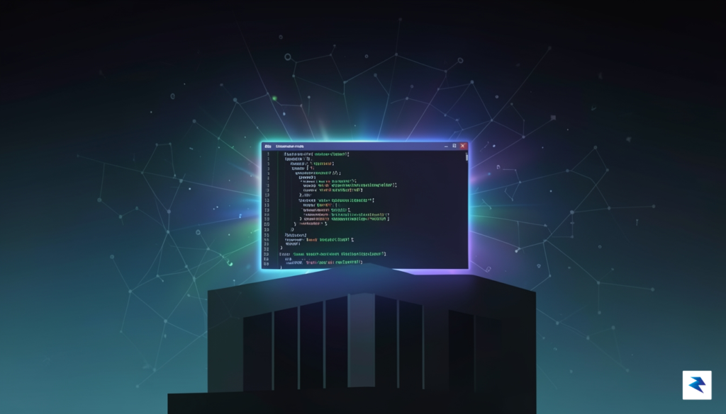 A conceptual digital illustration showing a glowing command line interface…