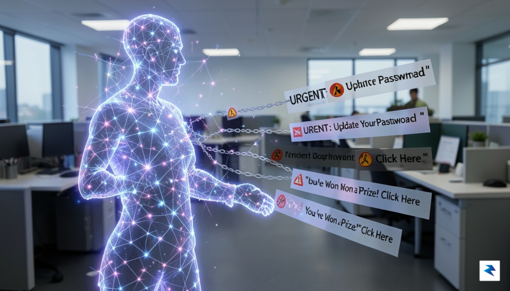 A digital security concept illustration showing a glowing AI neural&hellip;