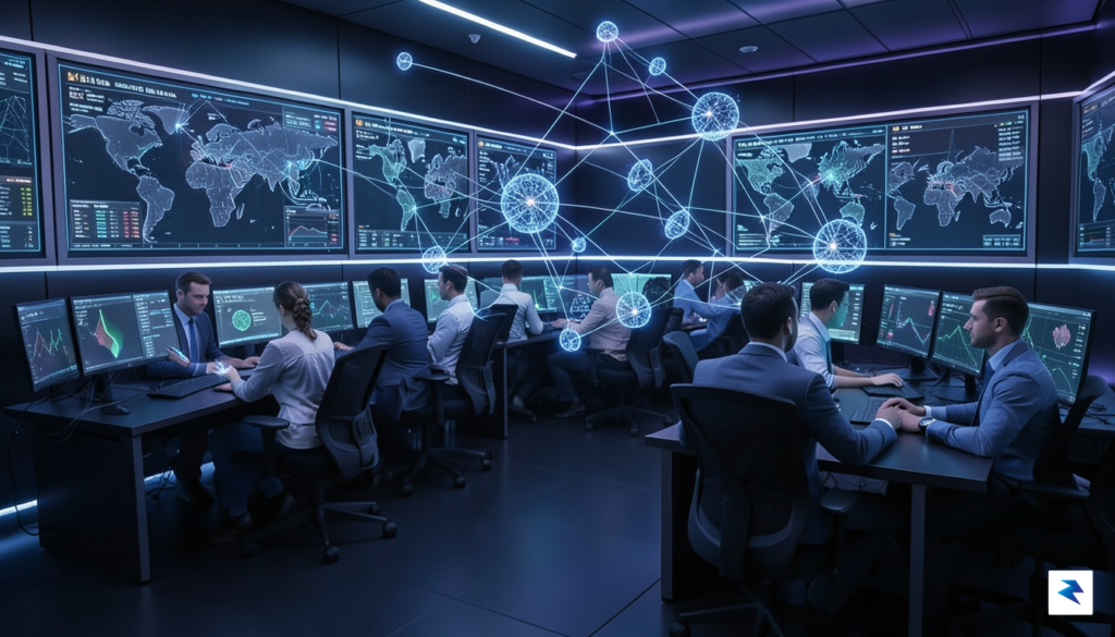 A conceptual digital visualization of a high-tech cybersecurity command center&hellip;