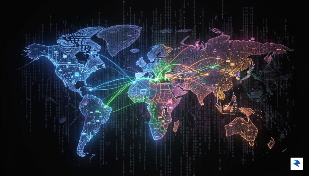 A digital visualization of a glowing, interconnected global network map&hellip;