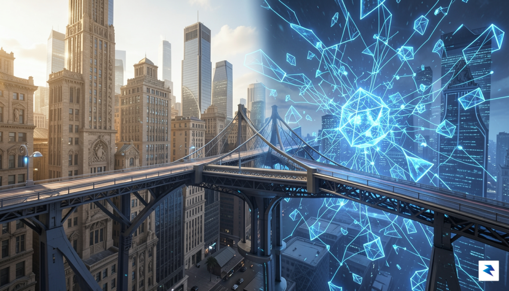 A conceptual digital art piece showing a bridge connecting a…