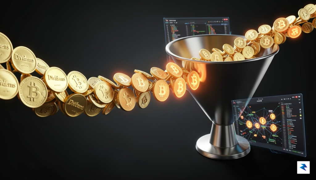 A conceptual 3D illustration showing a flow of gold coins…