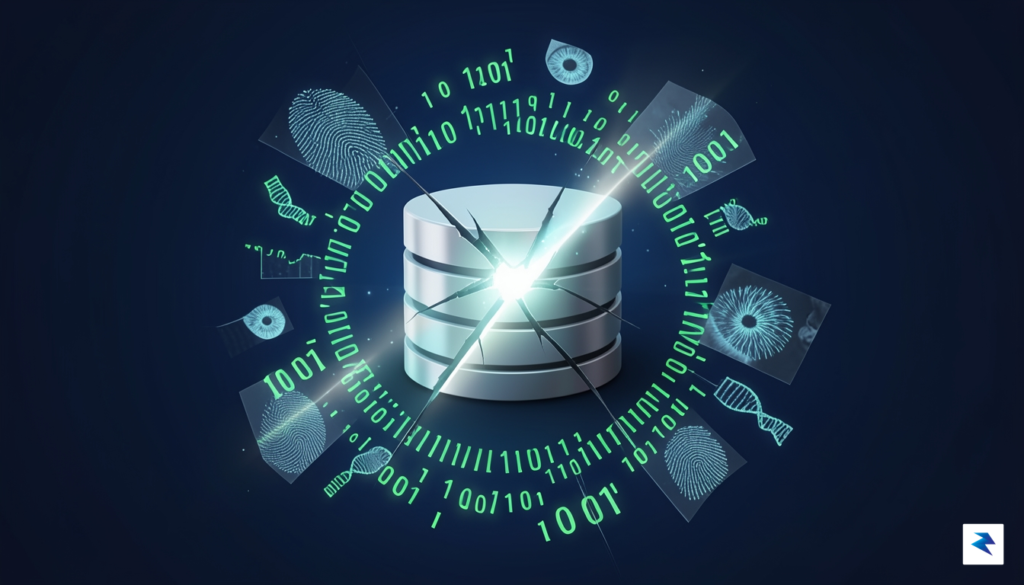 A conceptual digital visualization of a cracked database icon surrounded&hellip;