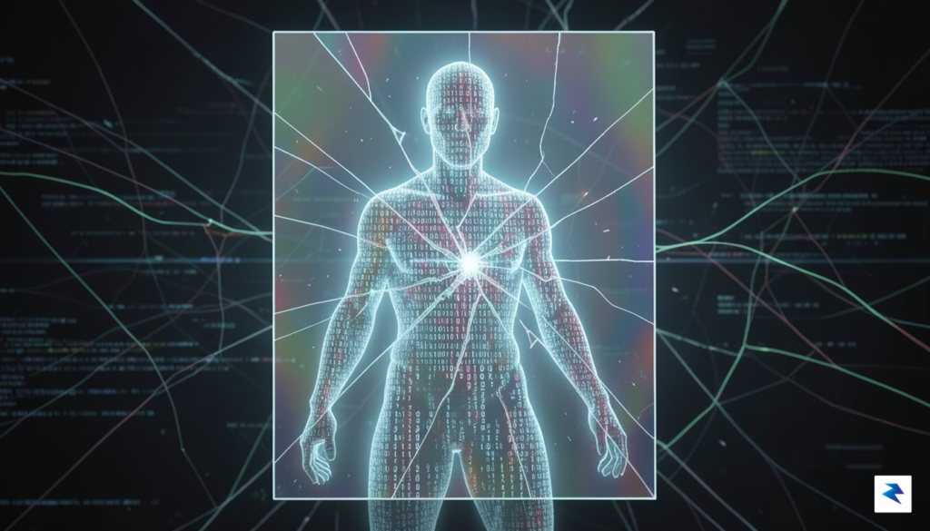 A conceptual digital art piece showing a glowing, fragile human&hellip;