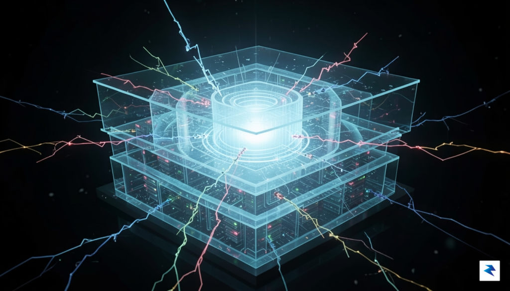 A digital security visualization showing a glowing, multi-layered data repository&hellip;